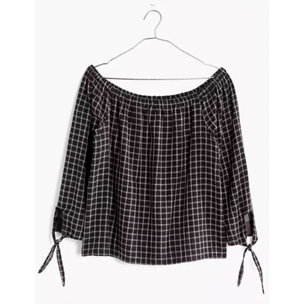 Madewell Black Plaid Off the Shoulder Cotton 3/4 Sleeve Top Size Medium